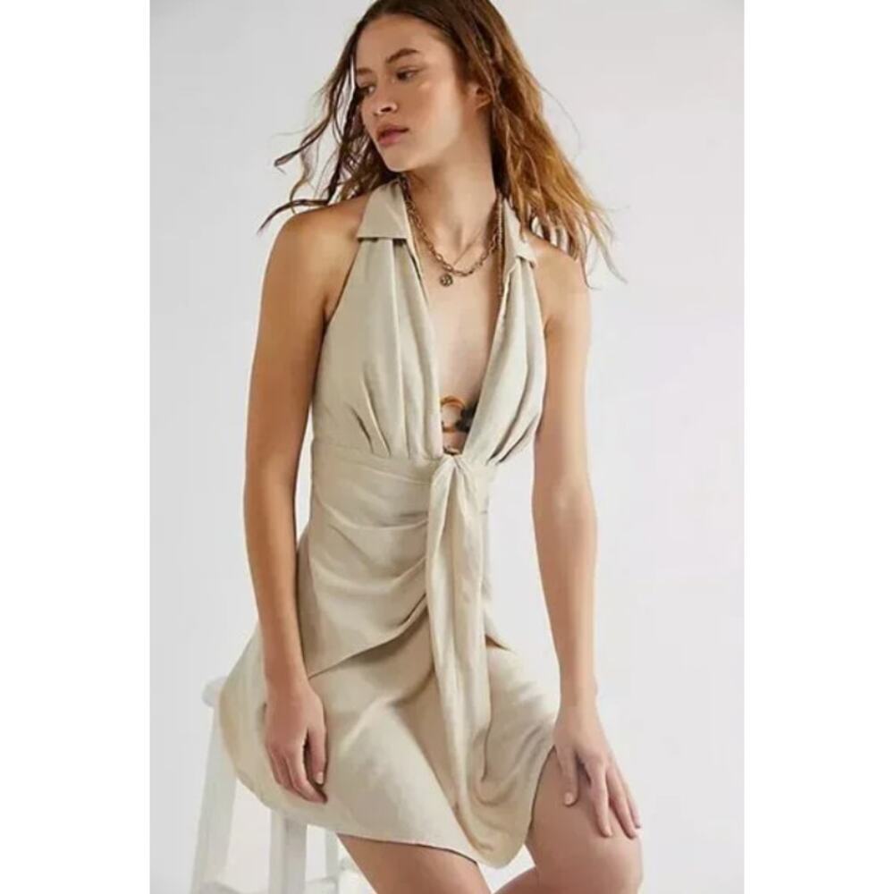NWT Free People Free-Est In Her Element Mini Dress Halter Solid Smocked Size M